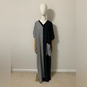 Black and White Half-Houndstooth Half-Black with Pocket Short Sleeve Abaya Dress
